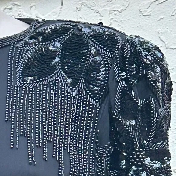 Vintage Black Tie He-Ro Evening Dress 8 Black Sequined Beaded Silk Drop Waist